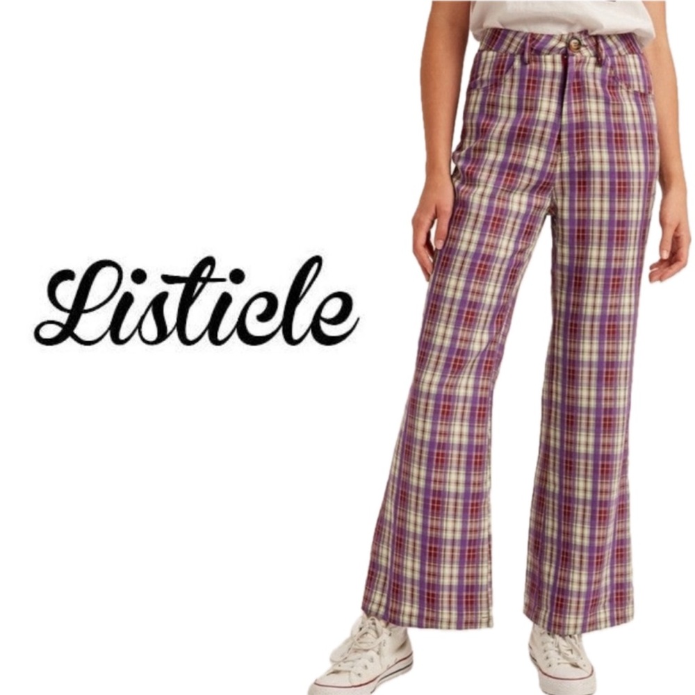 NWT Listicle LA Elke High Rise Wide Leg Flare Bottom Purple Red Cream Plaid Pant